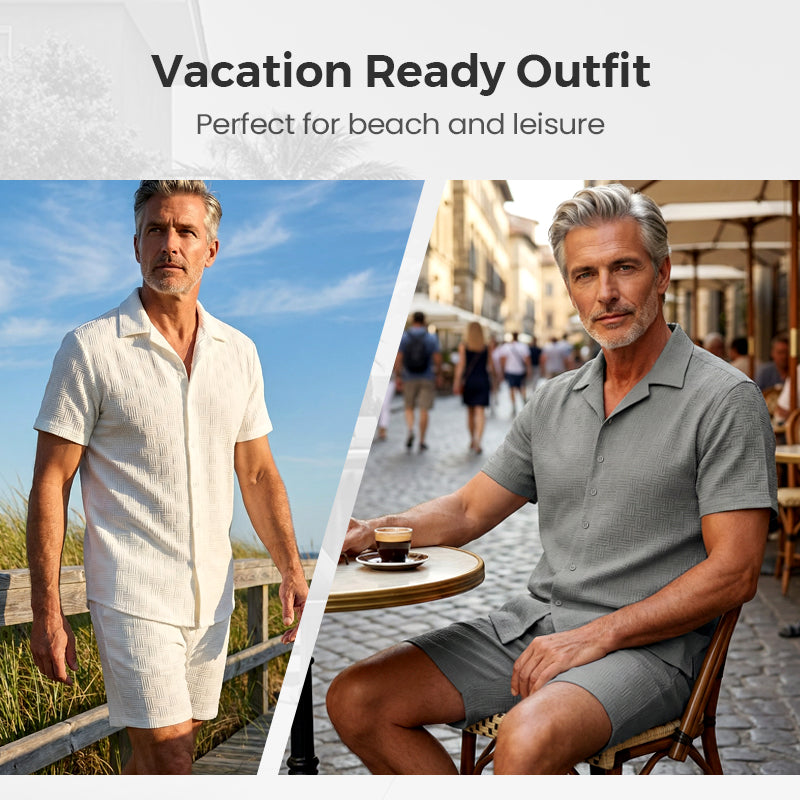 🥳2026 HOT SALE🥳💞50K+ SOLD!💥👴 🍻50% OFF! Men's Jacquard Shirt & Shorts Set – Easy-fit comfort for warm days! Breathable fabric, no ironing needed. Perfect for garden or seaside. ☀️🌿